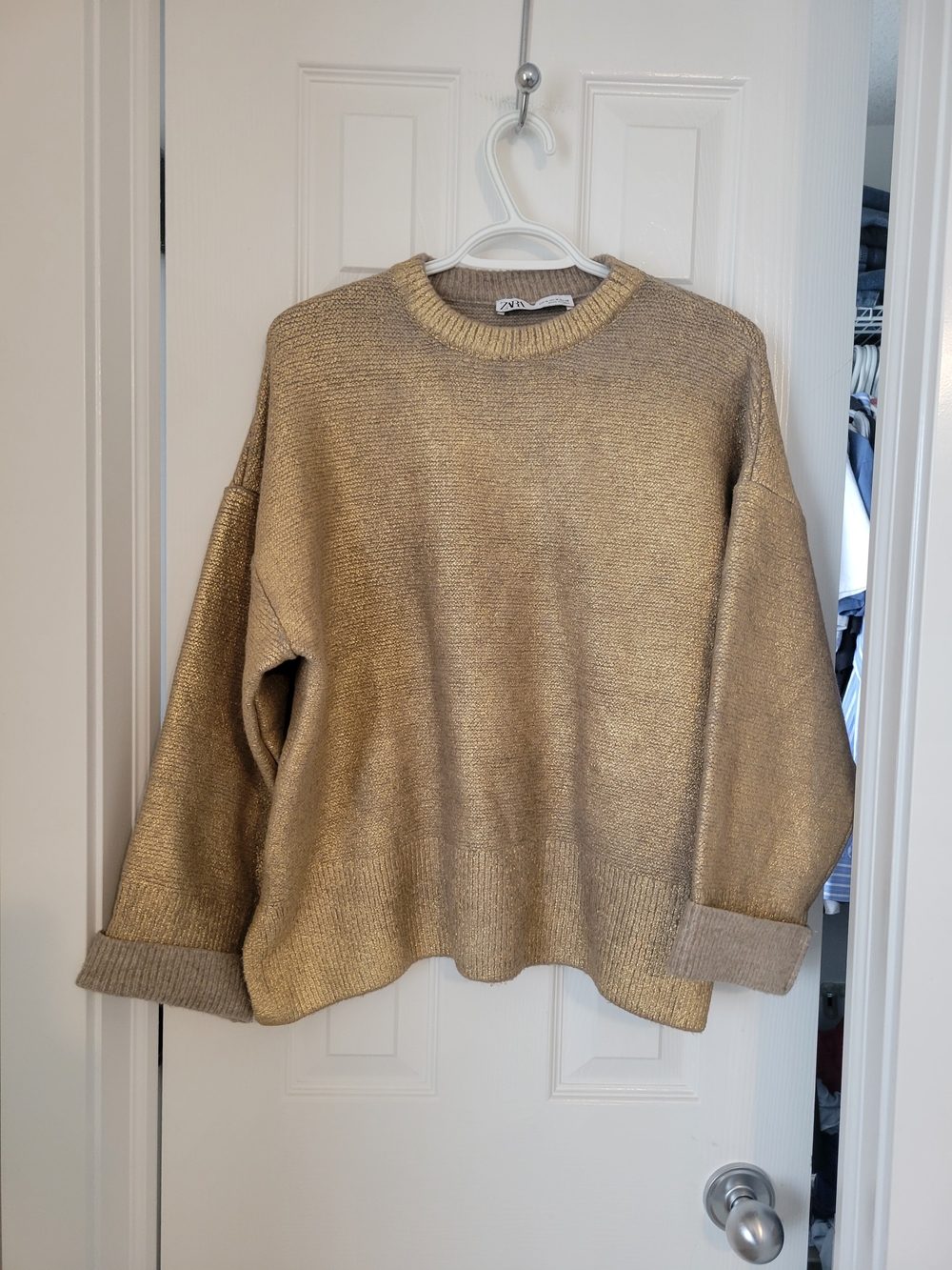 Zara Metallic Gold Crewneck Sweater Size M